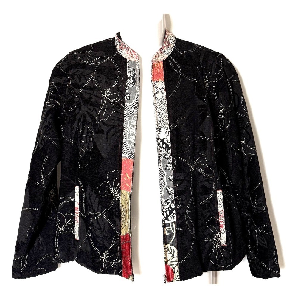 Chico's Jacket Womens Size 1 (US 8/M) Asian Embroidered Trim Full Zip Silk Blend